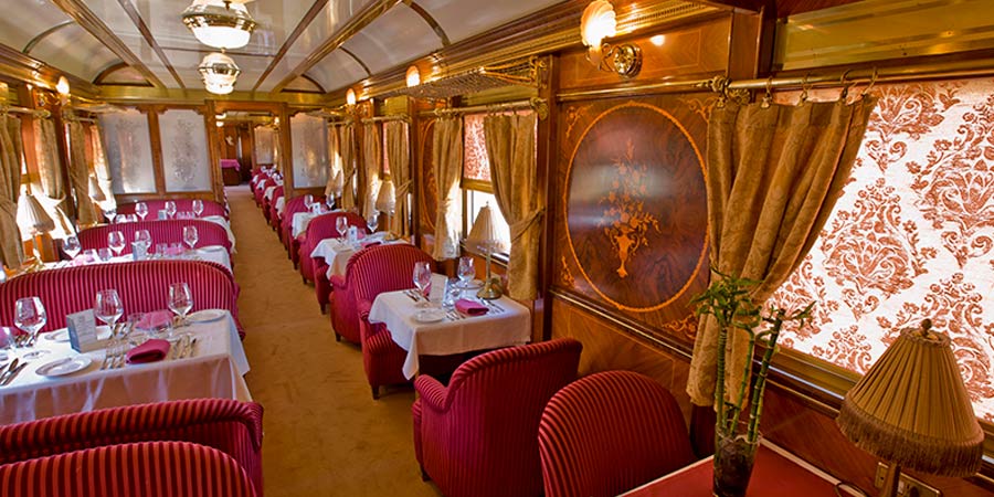 The beautifully decorated dining car of the Al Andalus Express. 